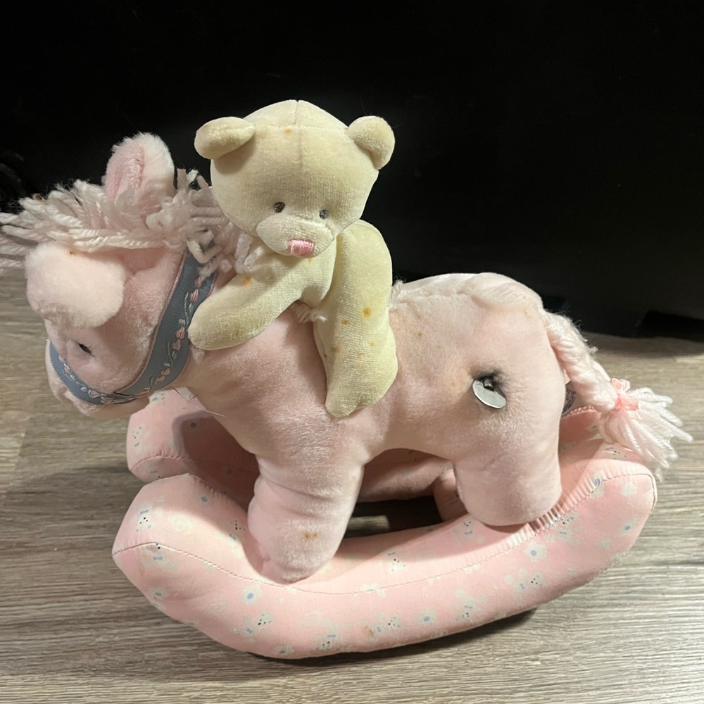 Musical Plush Pink Rocking Horse with Teddy Bear